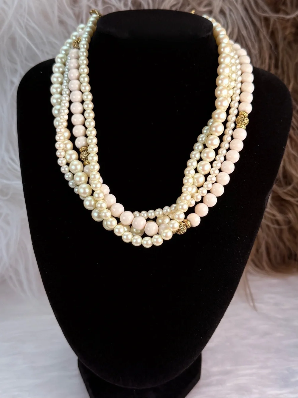 1928 Multi Strand Cream Blush Bead Gold Tone Statement Necklace Vintage